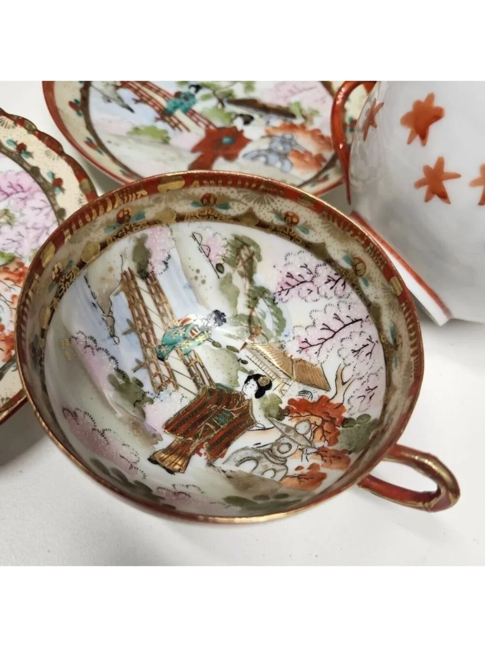 Japanese Moriage Porcelain Teacup & Plate Set Hand Painted Gorgeous Gold Gilt Vi
